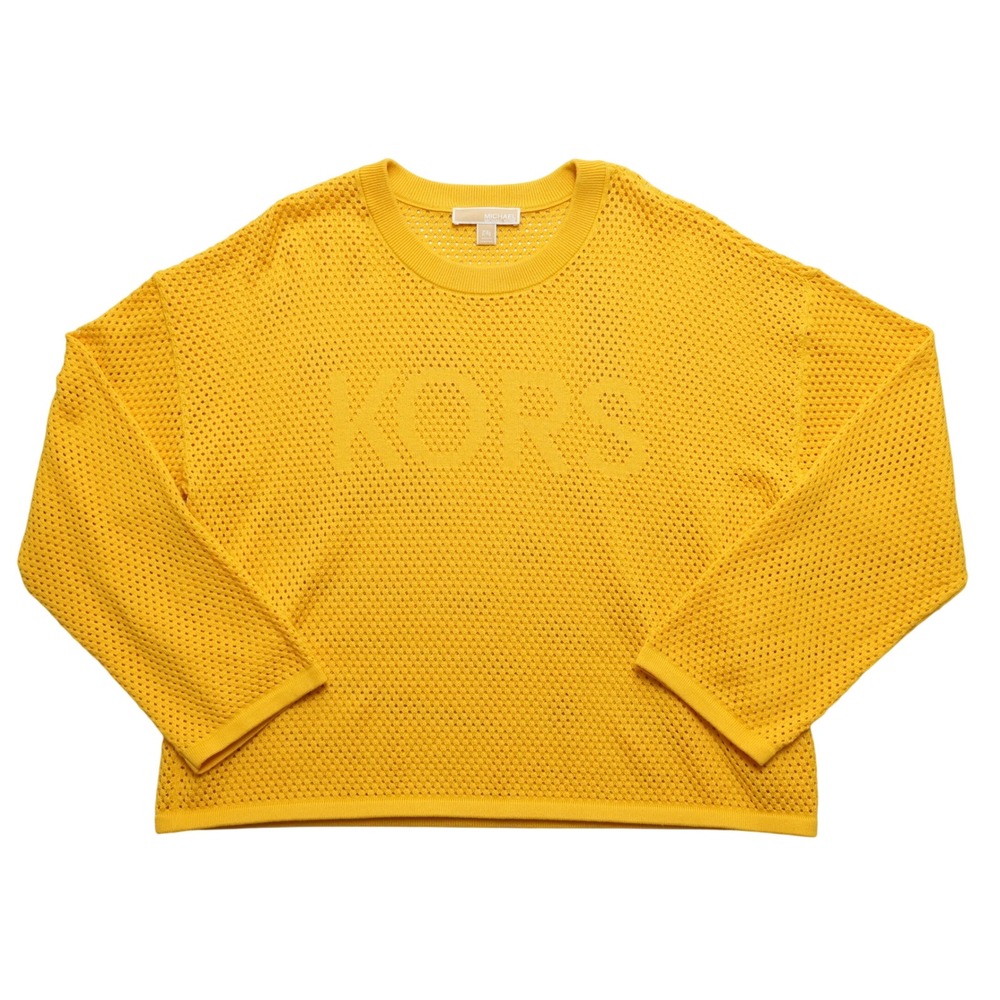 Michael Kors Womens P/XL Yellow Open Knit Logo Crewneck Mesh Sweater MK